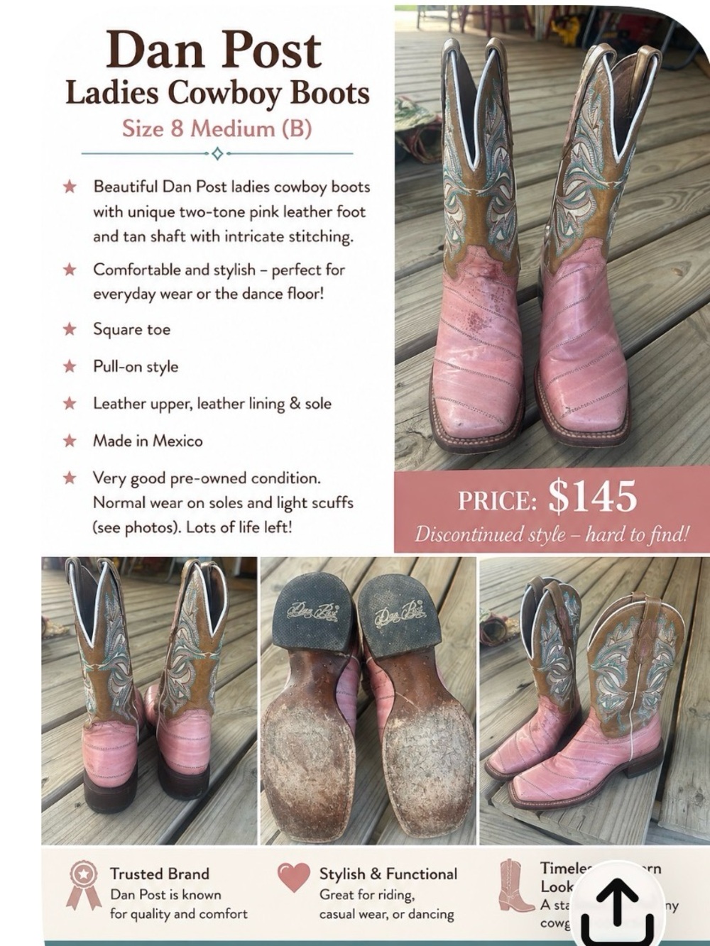 Dan Post Pink and Tan Leather Women's Cowboy Boots